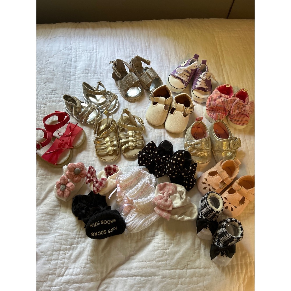 Infant Girls Shoe and Sock Lot 17pc Lily & Dan Carters 3-9M Size 1 Sandals Bows